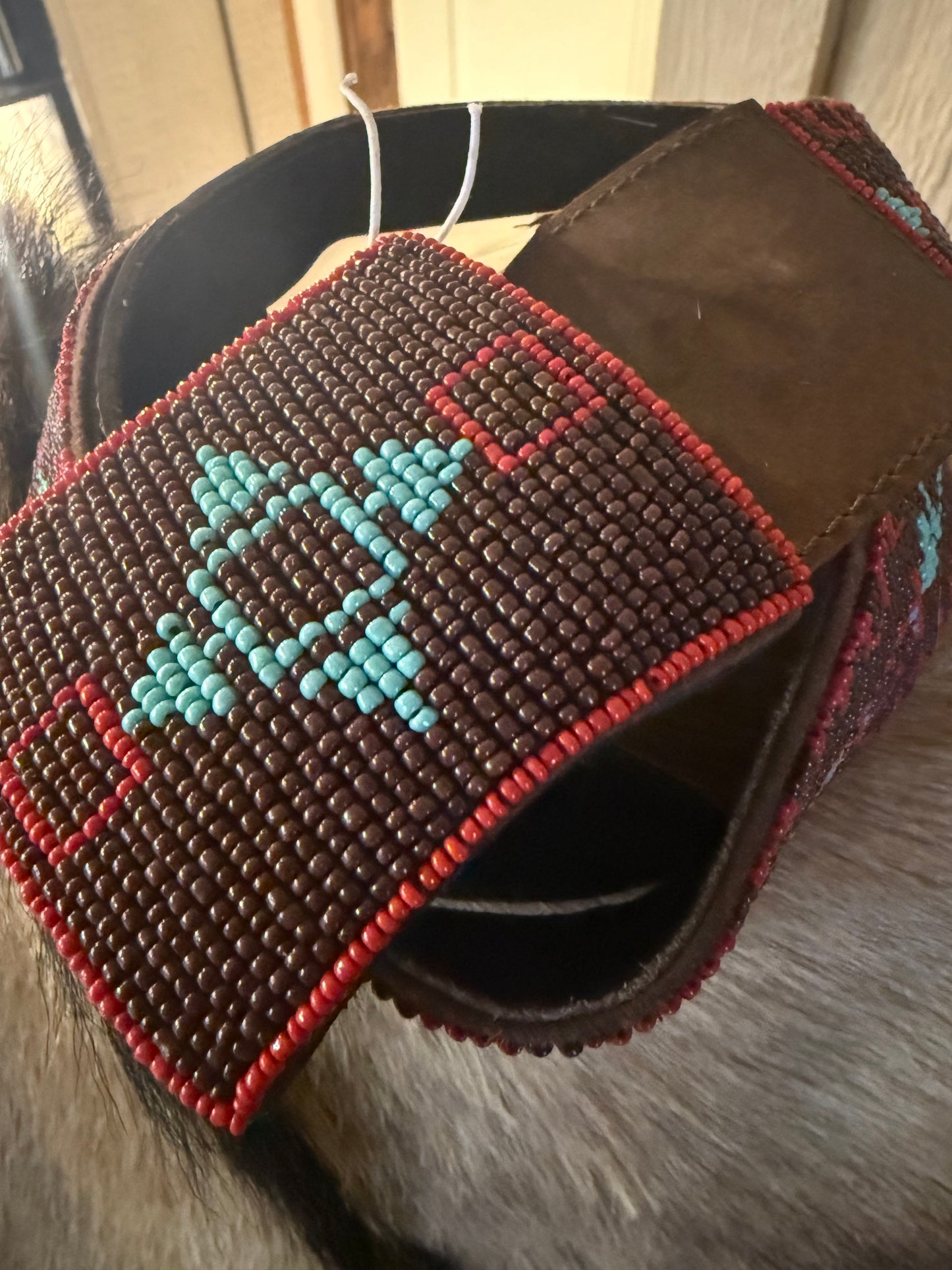Tasha Polizzi  Leather Hand Beaded Red Belt w/ Brads and Turquoise