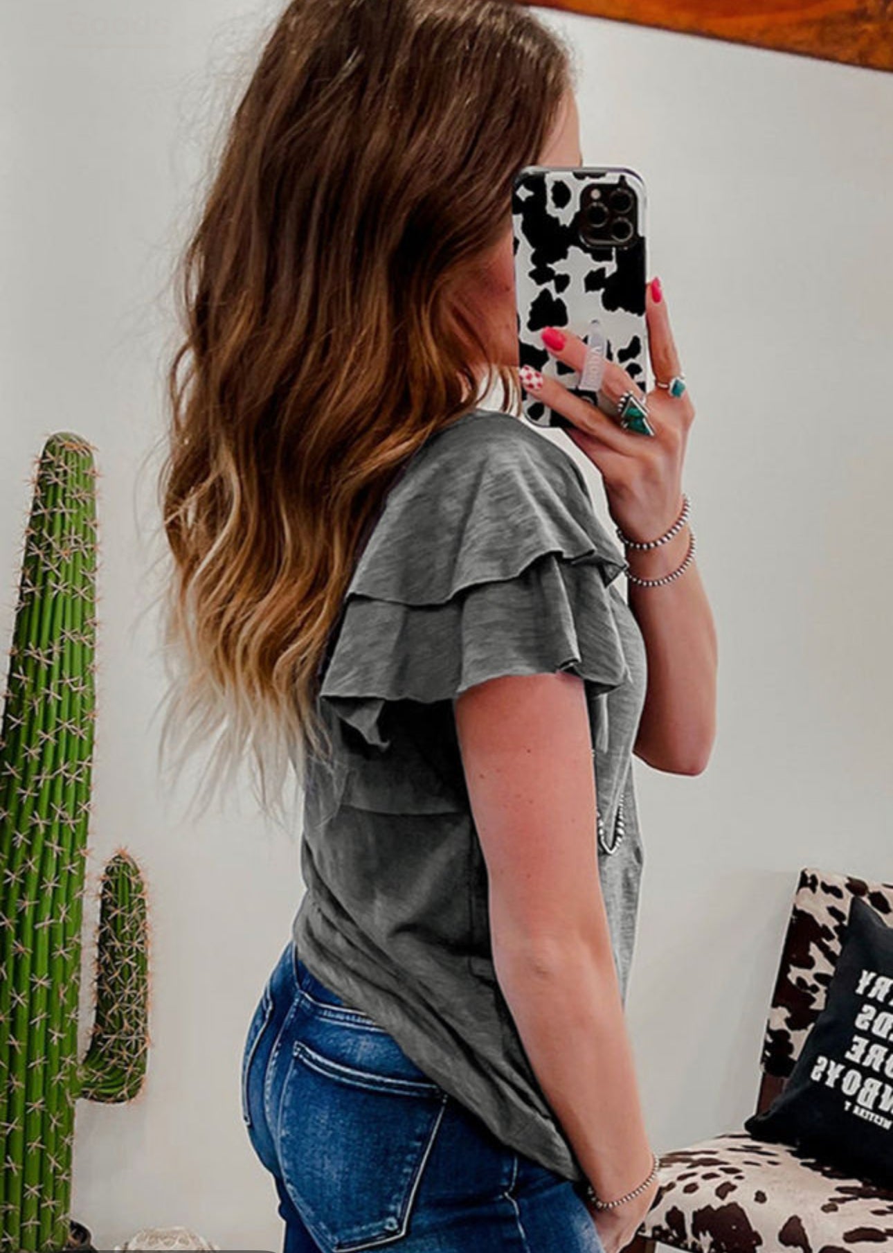 Dark Gray Layered Ruffled Short Sleeve Shirt Tee