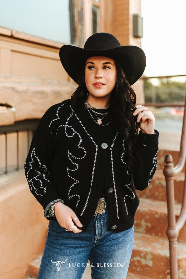BLACK BOOT-STITCH SADDLE KNIT CONCHO BUTTON DOWN SWEATER CARDIGAN