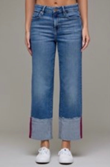 Hidden Jeans Medium Wash High Rise Cuffed Red Tape Cropped Classic Straight