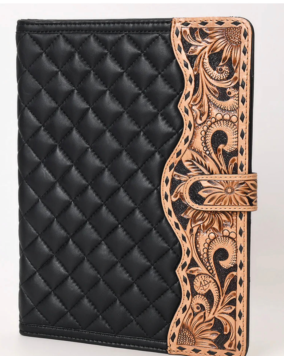 American Darling - Black Quilted Portfolio Hand Tooled Genuine Western Leather Women Bag