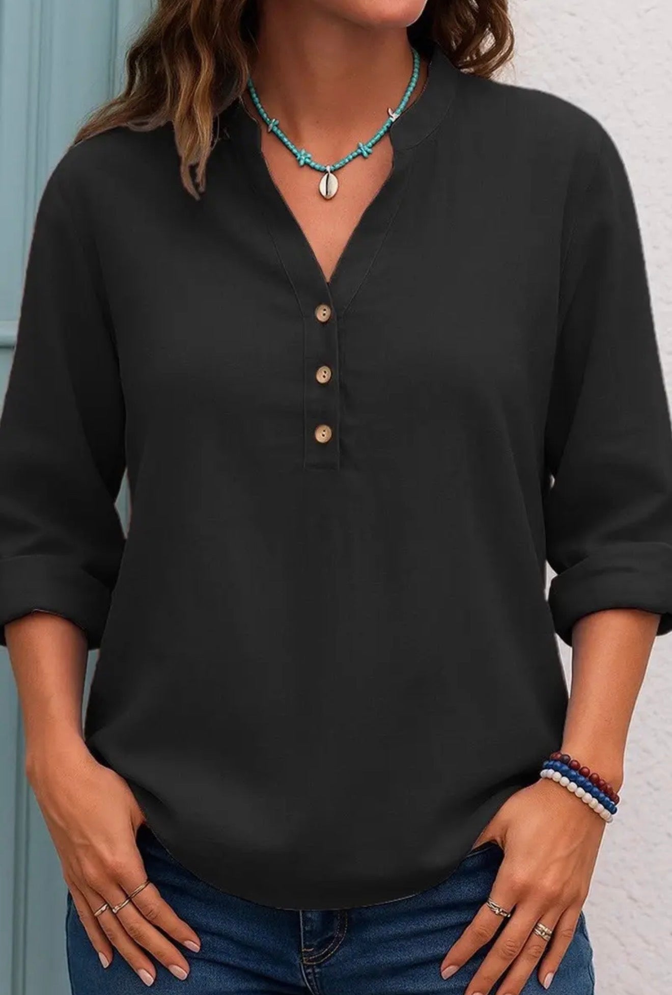 Solid 3 Button Casual Blouse Shirt