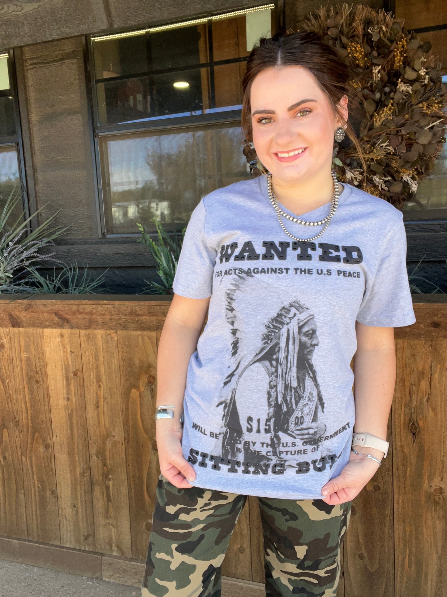 Chief Sitting Bull WANTED T-Shirt Rhinestone Embellished V-Neck