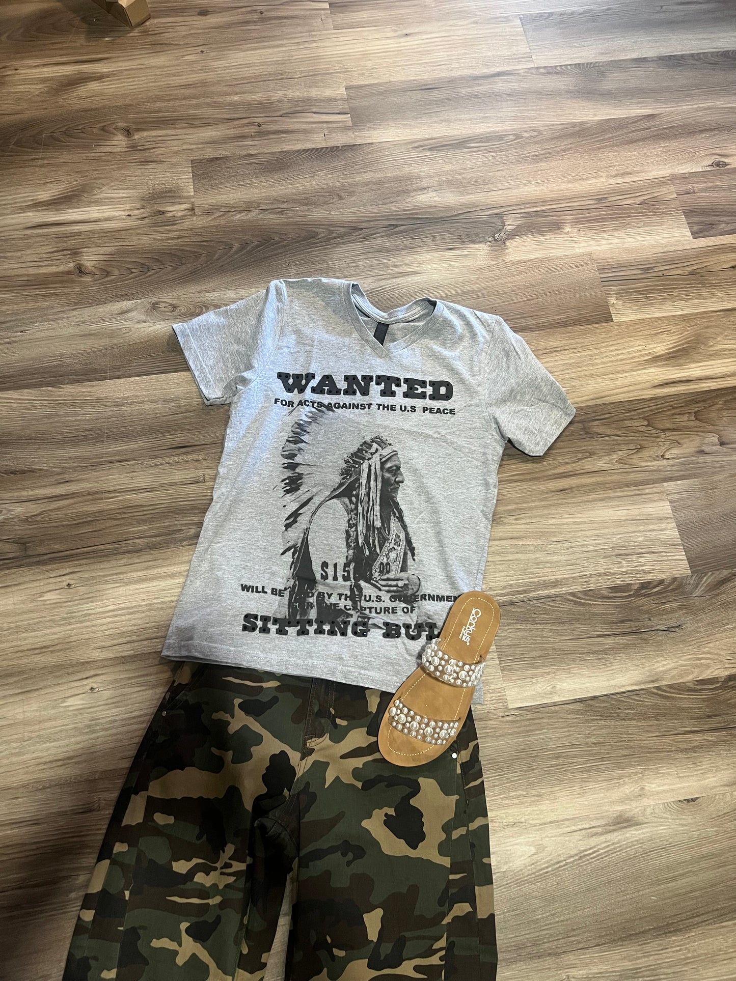Chief Sitting Bull WANTED T-Shirt Rhinestone Embellished V-Neck