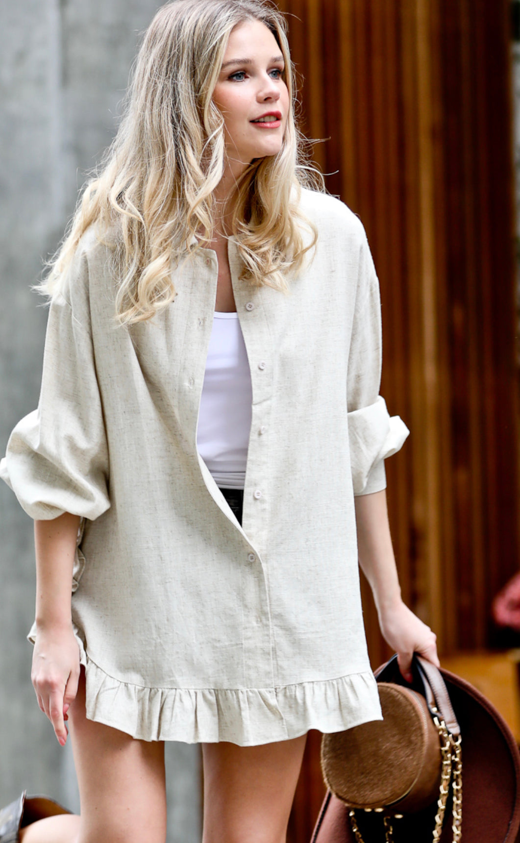 Ruffle Button Down Linen Shirt Top Tunic Dress