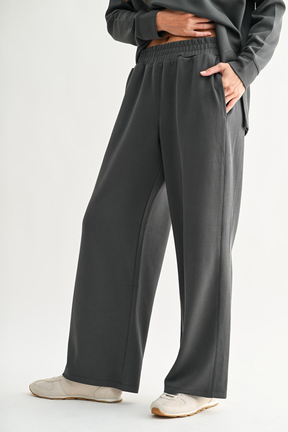 Mono B Luxe Sand Wash Rib Wide-Leg Pants