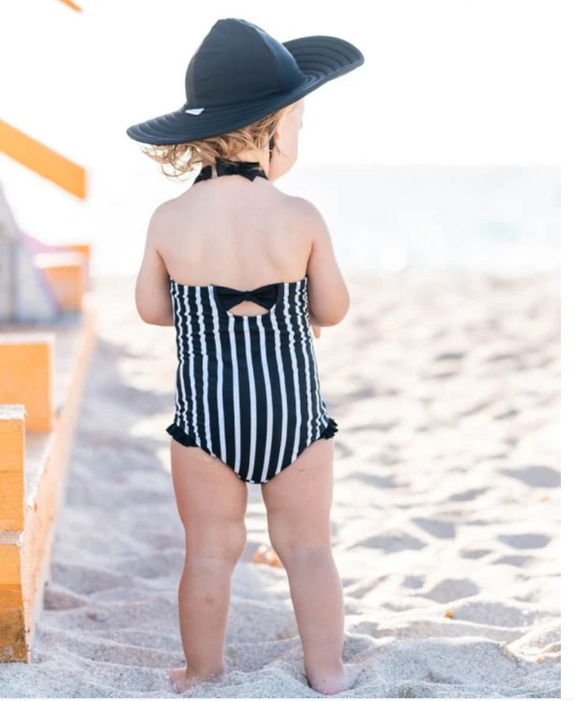 RuffleButts | Halter One Piece Swimsuit ~ Black and White 12-18m