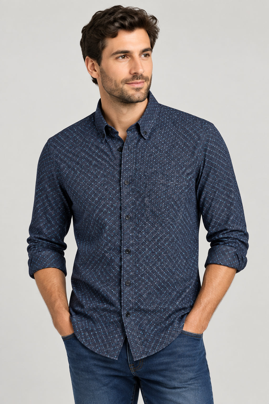 Men’S NAVY Long Sleeve Cowboy Western Button Down Shirt