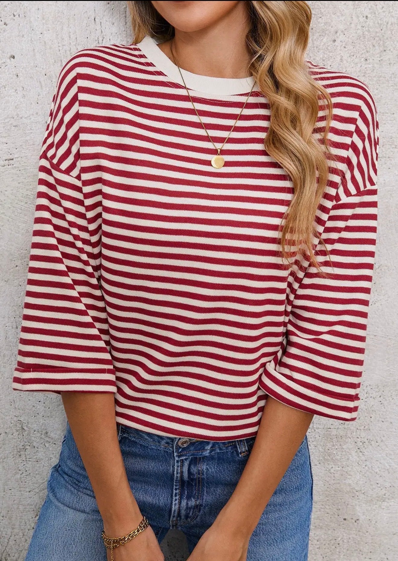 Red Striped Knit Crew Neck Top with Back Bow Tie Detail