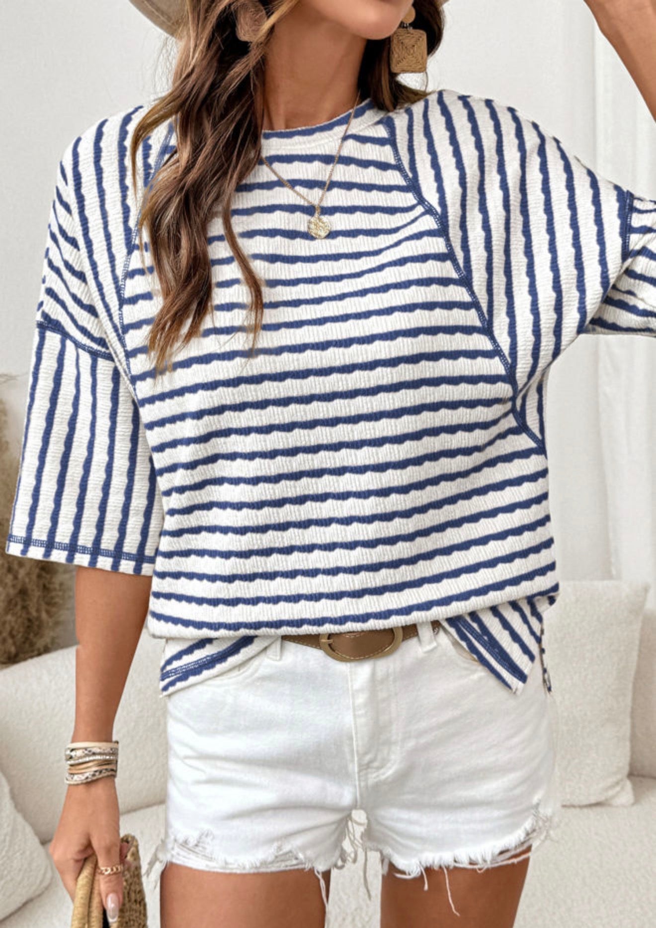 Blue Striped Textured Knit Oversized Tee