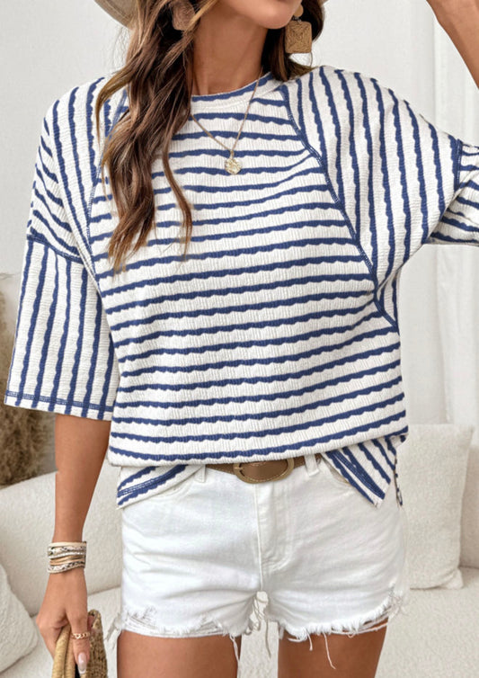 Blue Striped Textured Knit Oversized Tee
