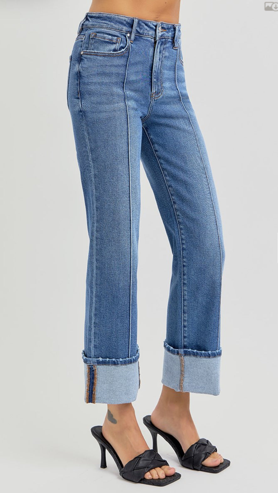 RISEN HIGH RISE-ANKLE STRAIGHT-WIDE CUFFED JEANS