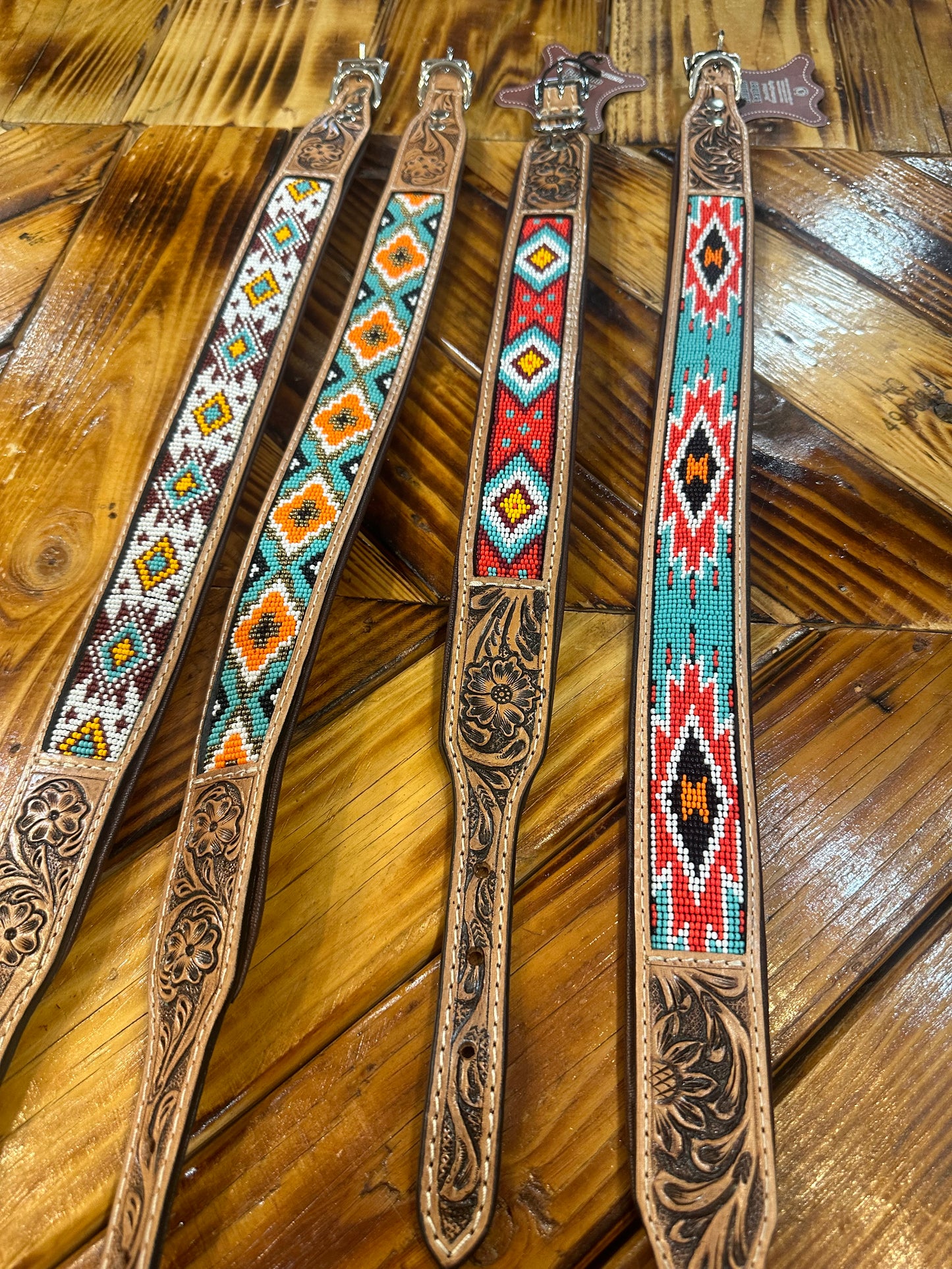 Genuine Tooled Leather Beaded Dog Collars