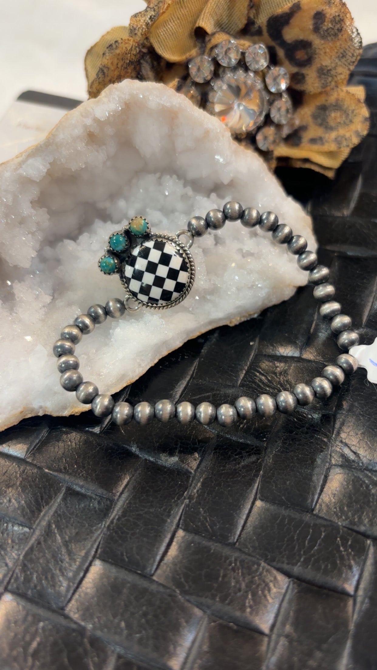 4mm 7.5” Sterling  Silver HandStrungKingman Turquoise Checkered Bead Bracelet