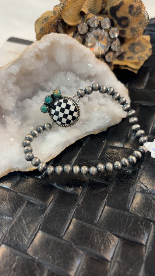 4mm 7.5” Sterling Silver HandStrungKingman Turquoise Checkered Bead Bracelet