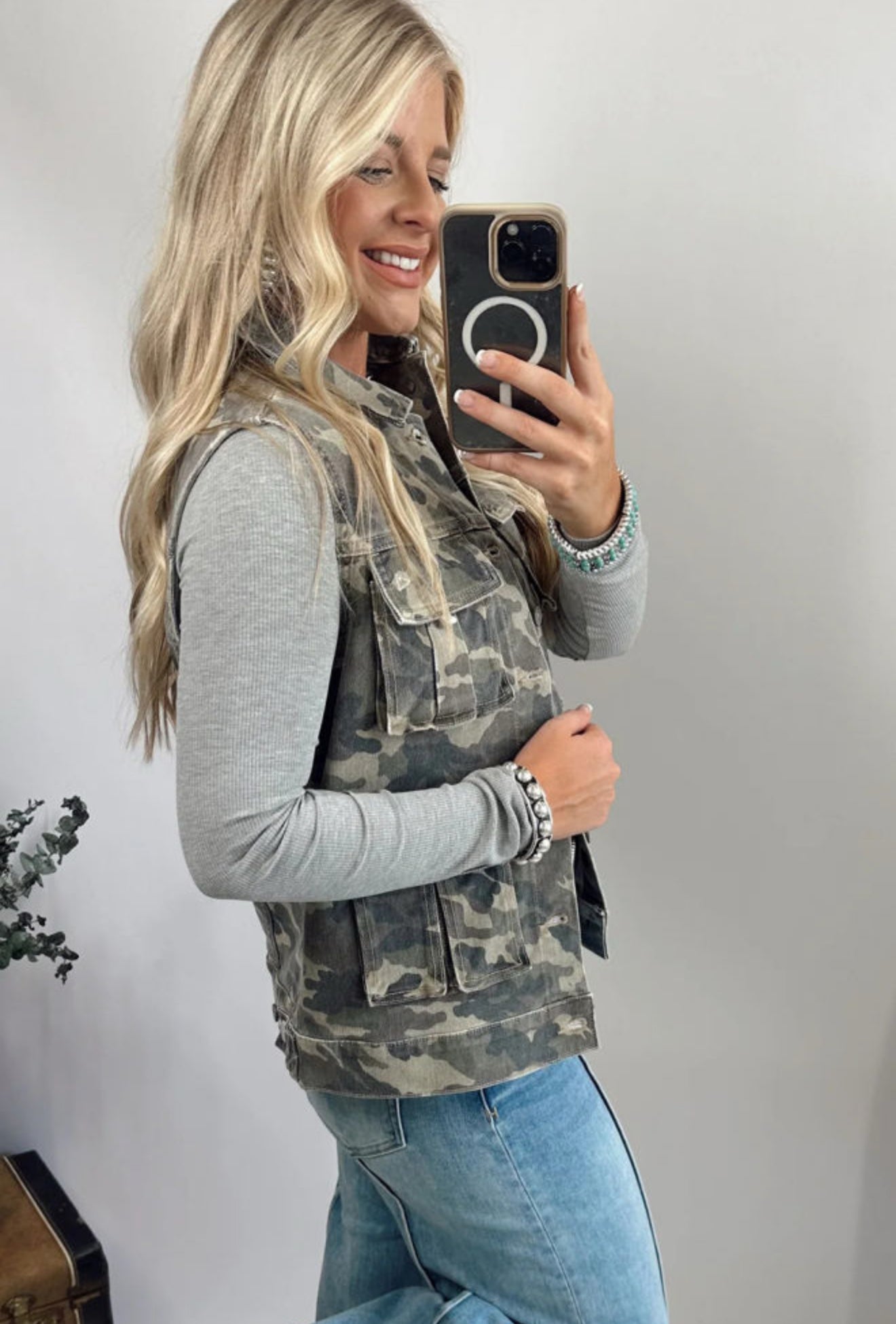 Green Camo Cargo Denim Vest