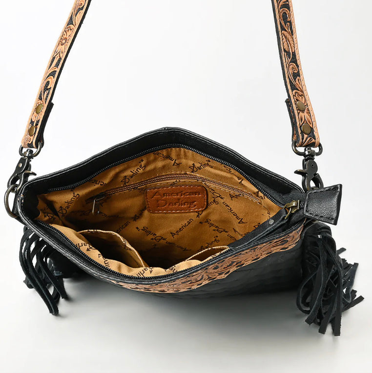 American Darling - Black Quilted Crossbody Bucket Hand Tooled Genuine Western Leather Women Bag