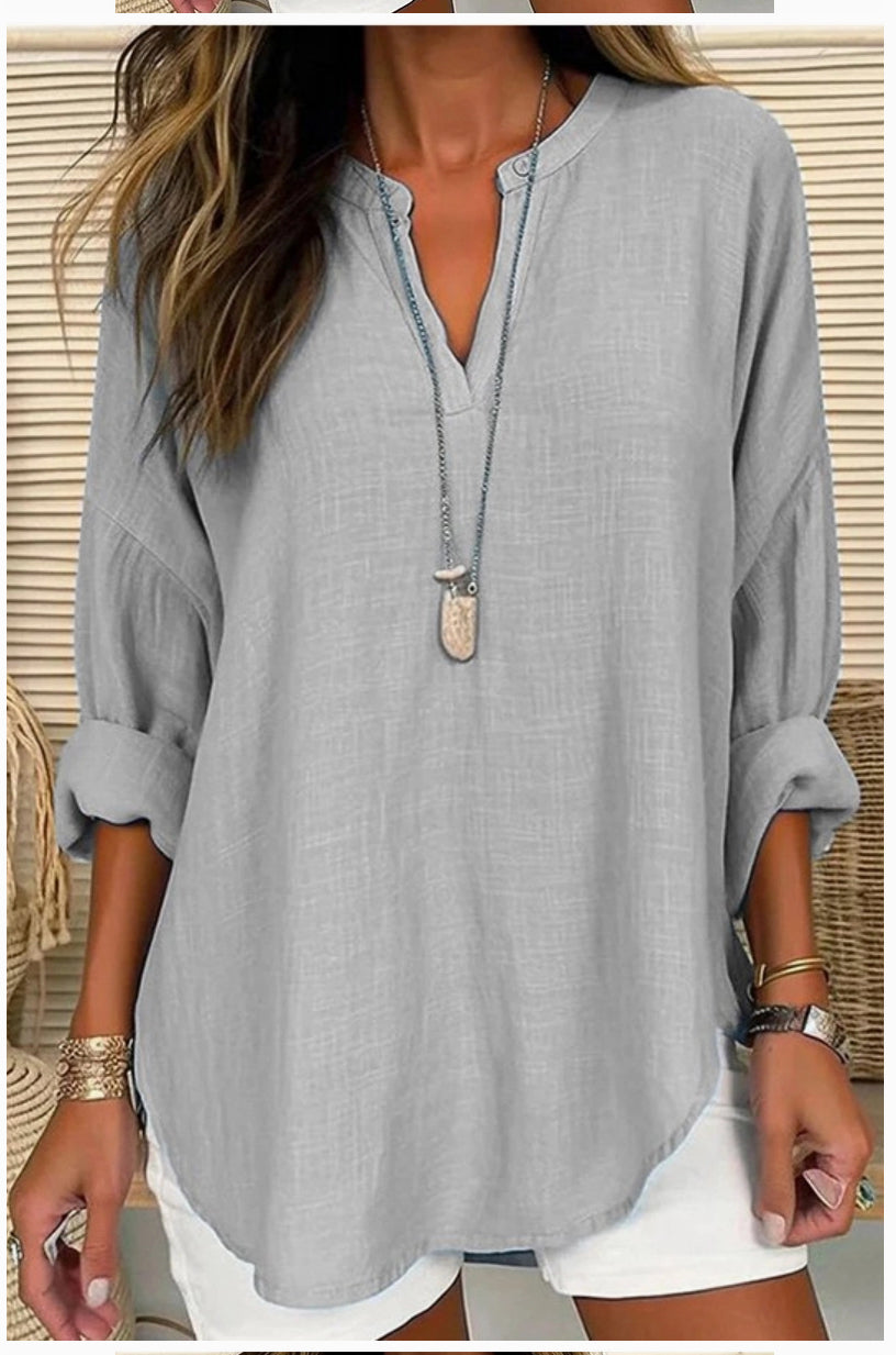 Blouse Linen Long Sleeve Casual V Neck Top