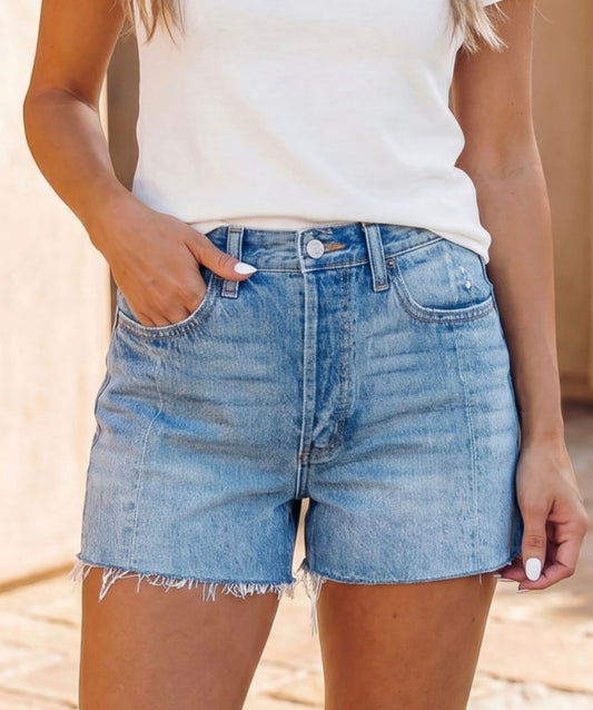 Beau Blue Acid Wash Raw Hem Denim Shorts