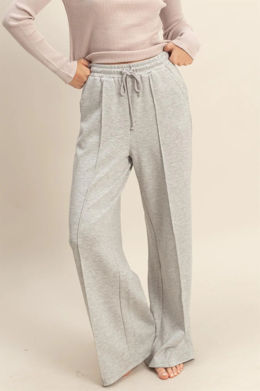 Double Knit High-Waist Drawstring Pintuck Wide Leg Pants