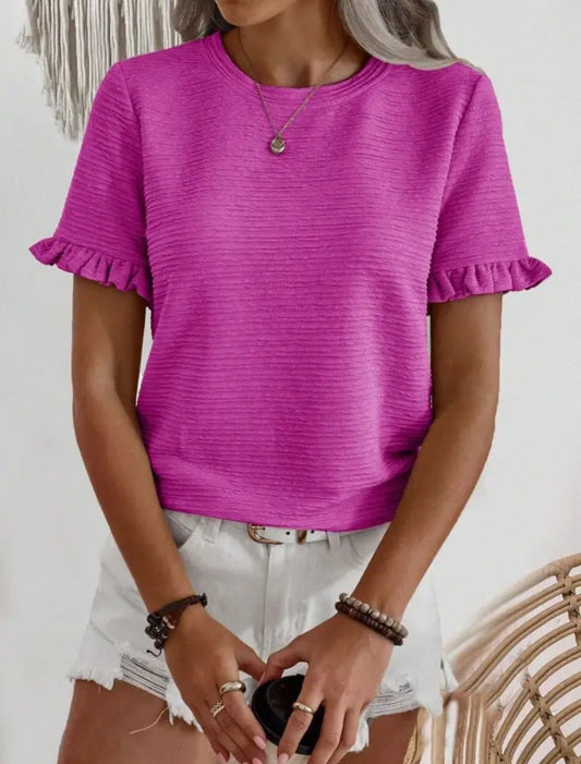 Ruffle Sleeve Round Neck Textured Top