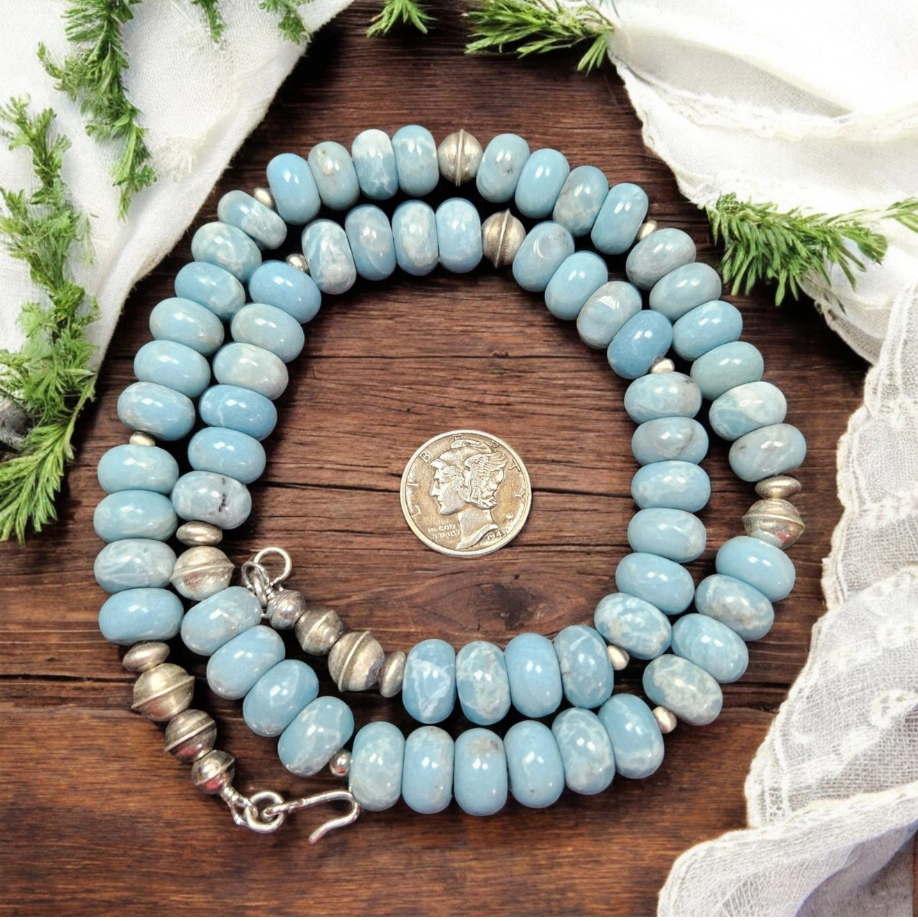 Sterling NAVAJO Pearl Big 10MM Dominican Larimar Beads Necklace VTG Silver 18"