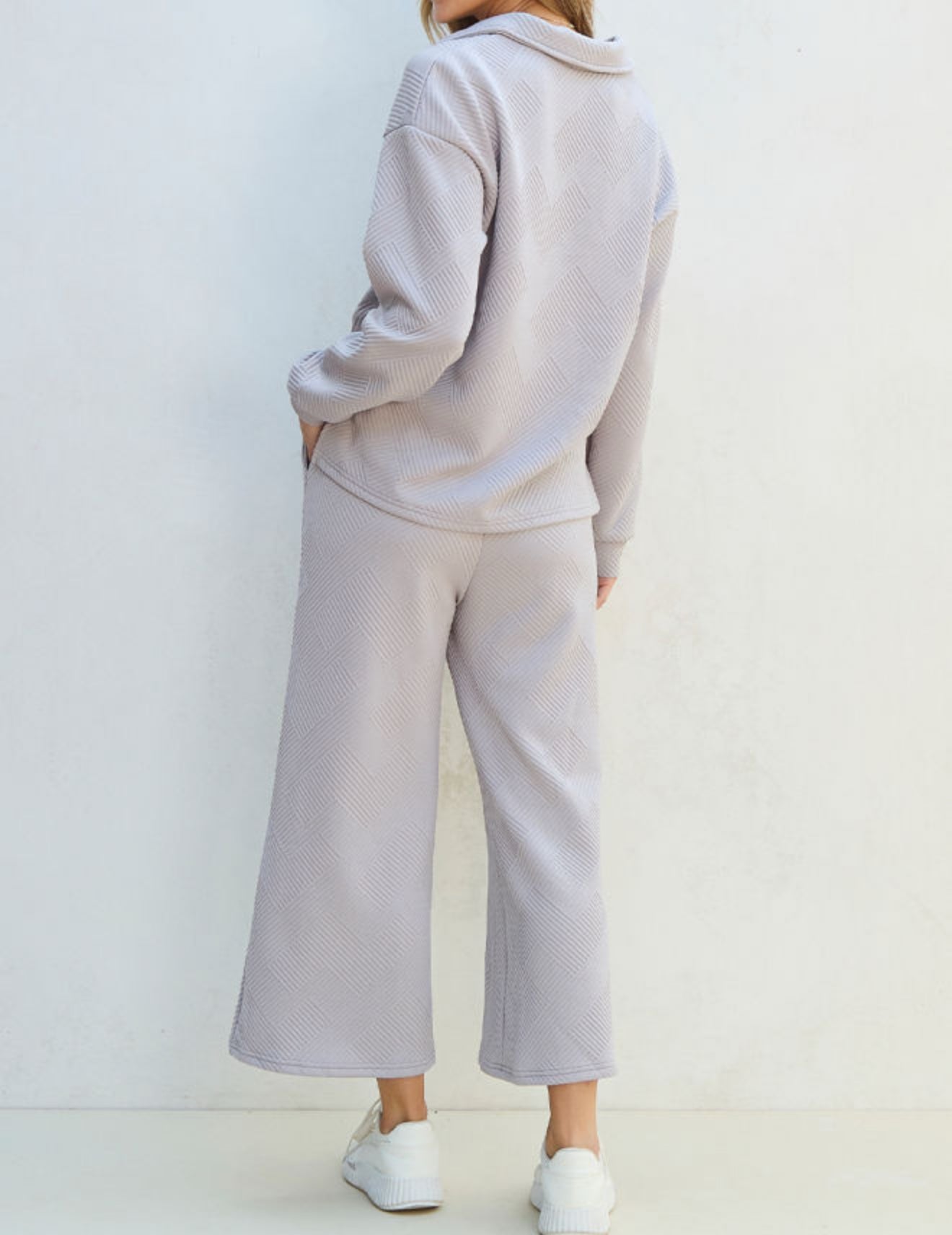 Plus Size - Light Grey Solid Textured Collared V Neck Top and Wide Leg Pants Set