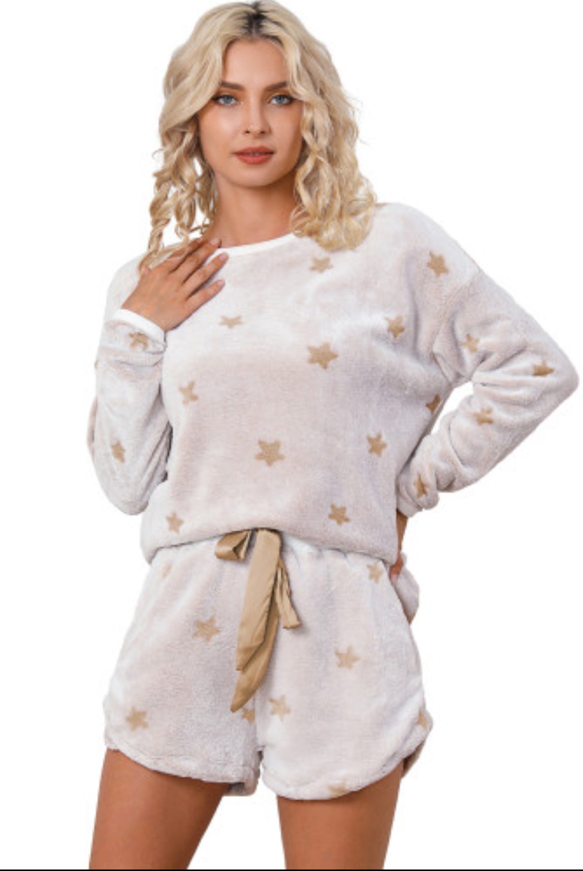 White Plush Star Pattern Long Sleeve Pullover and Shorts Lounge Set