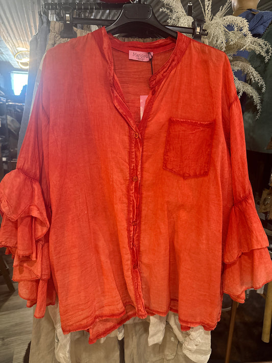 Marisima Made in Italy Cotton Ruffled-Sleeves Button Up Top-Red