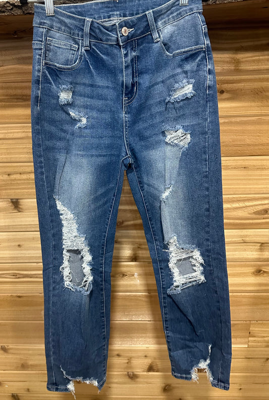 Sky Blue Ripped Knee Hole High Waist Jeans