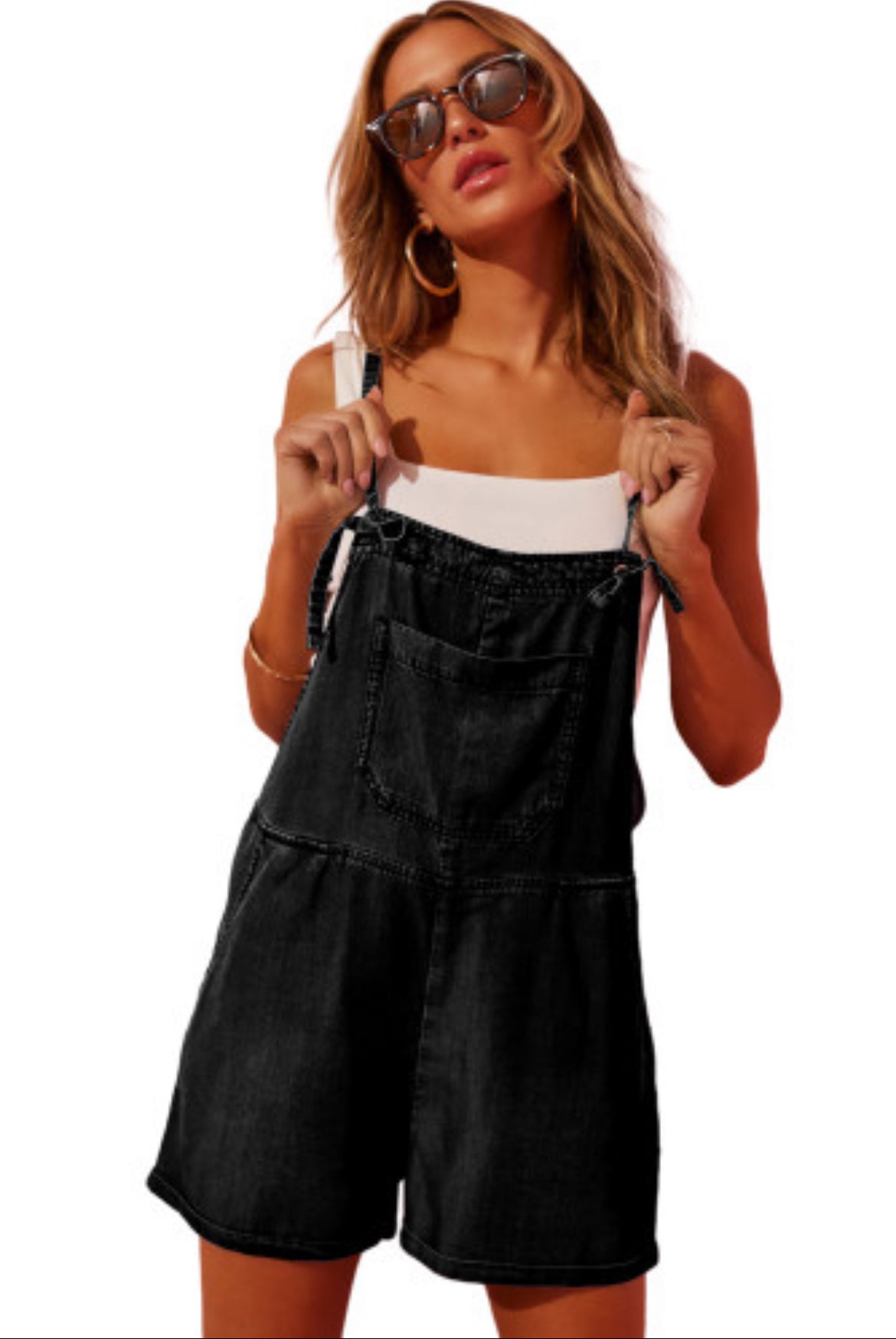 Black Grommet Tie Straps Casual Denim Romper