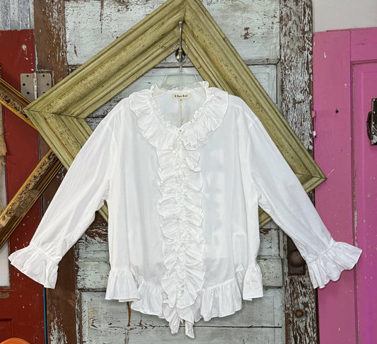 A RARE BIRD RUFFLE WHITE BUTTON UP BLOUSE