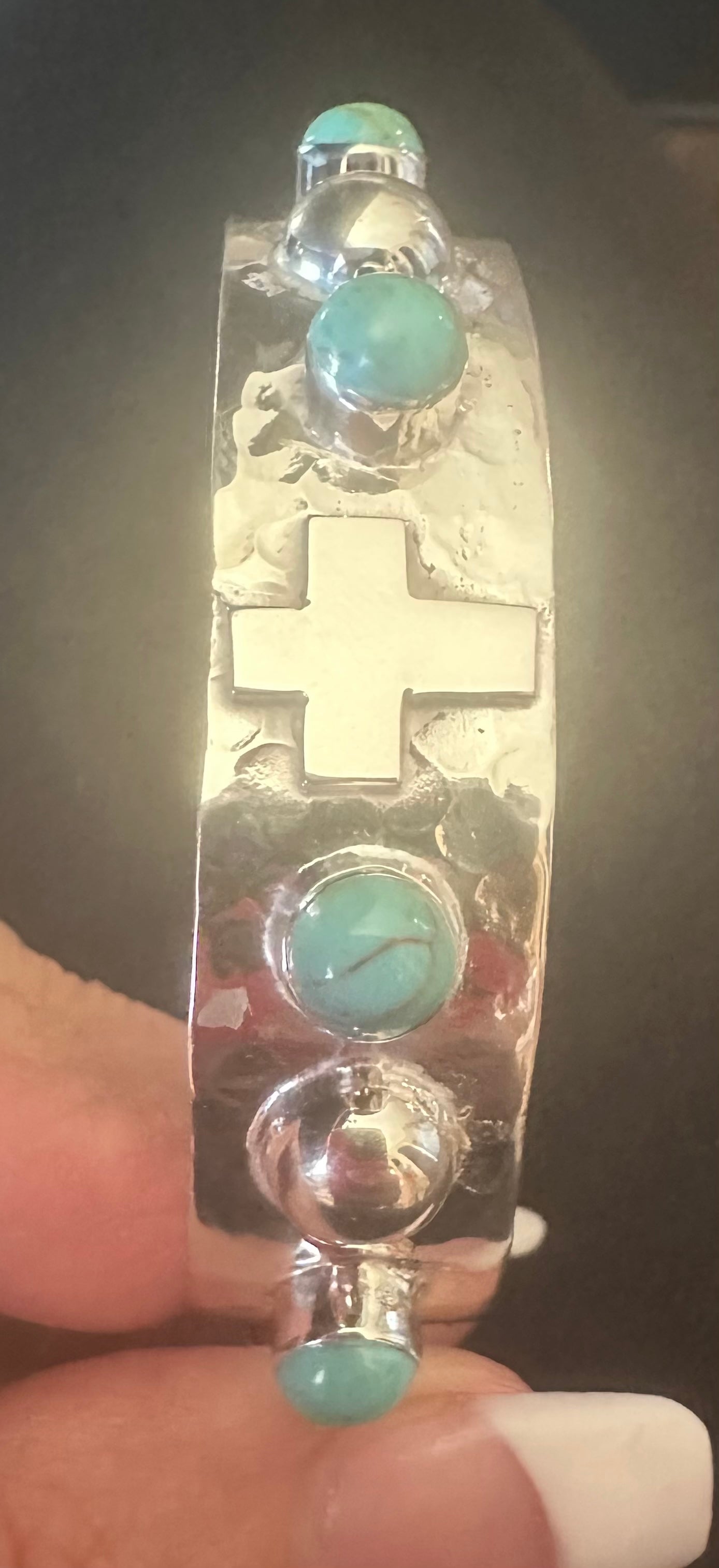 Sterling Silver & Turquoise Cross Hammered Handmade Cuff Bracelet