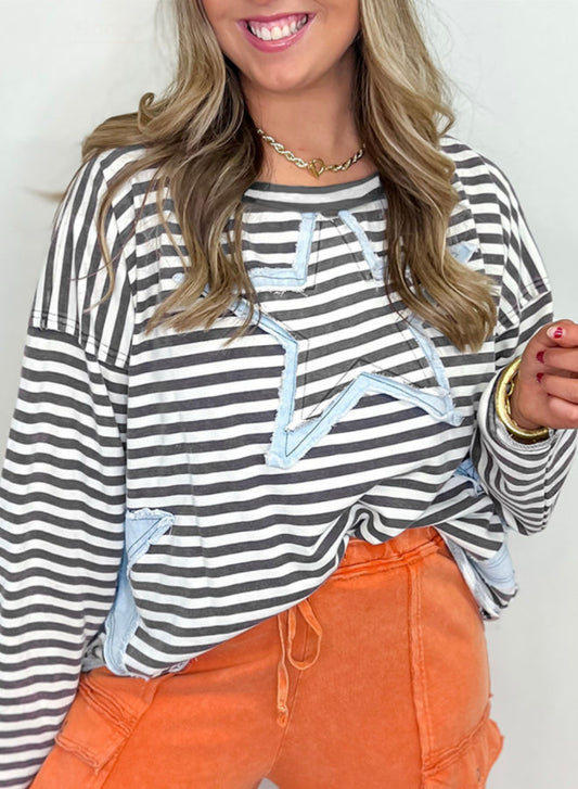 Striped Star Raw Hem Patched Design Shirt