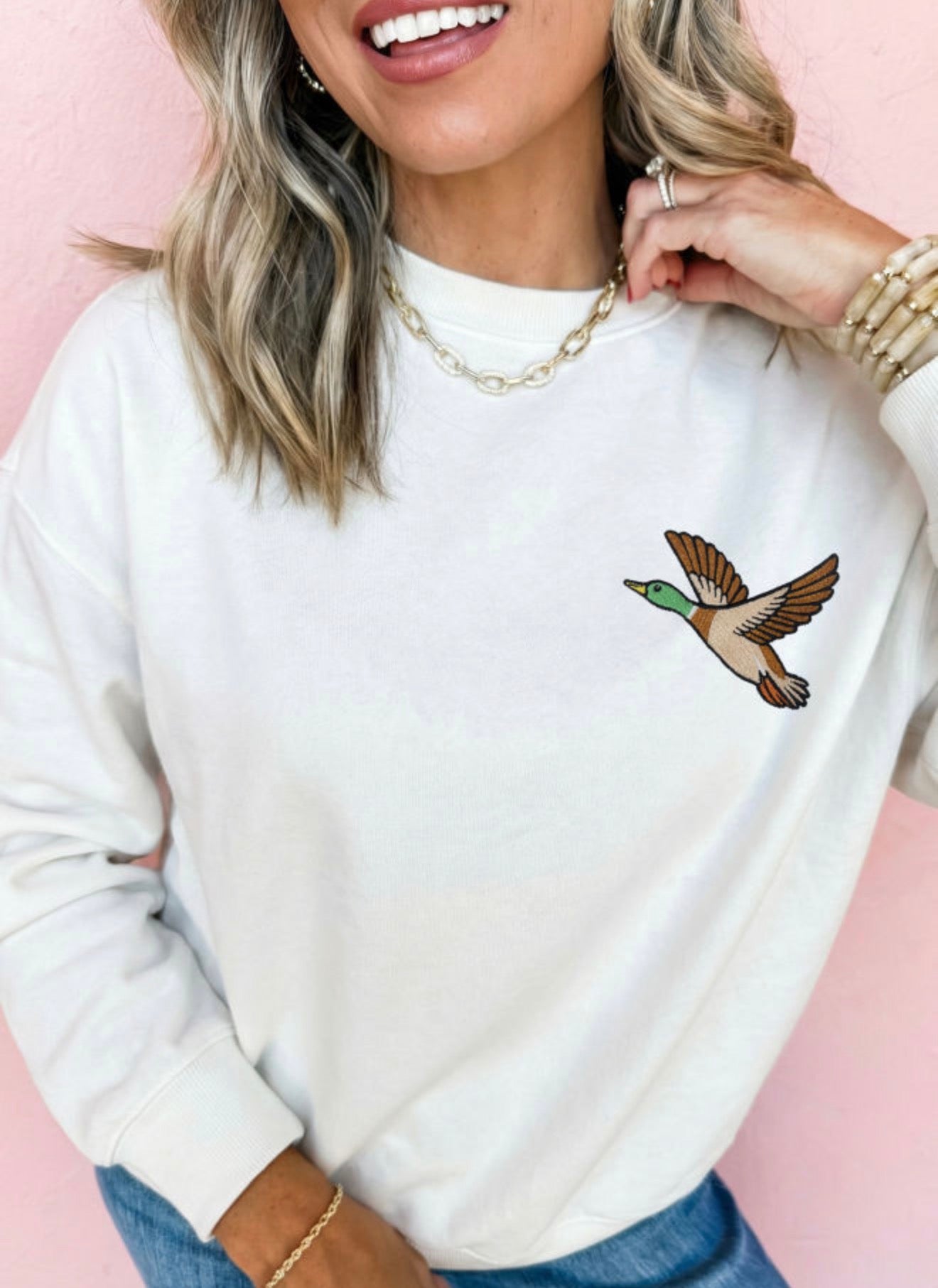 White Mallard Duck Embroidered Detail Sweatshirt