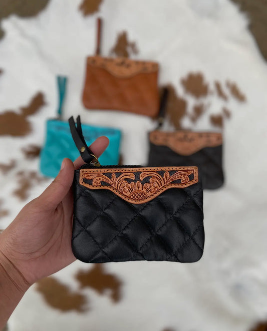 Black Quilted and Tooled Leather Coin Pouch