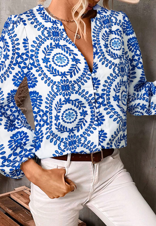 Sky Blue Vintage Geometric Printed Puff Sleeve V-Neck Shirt