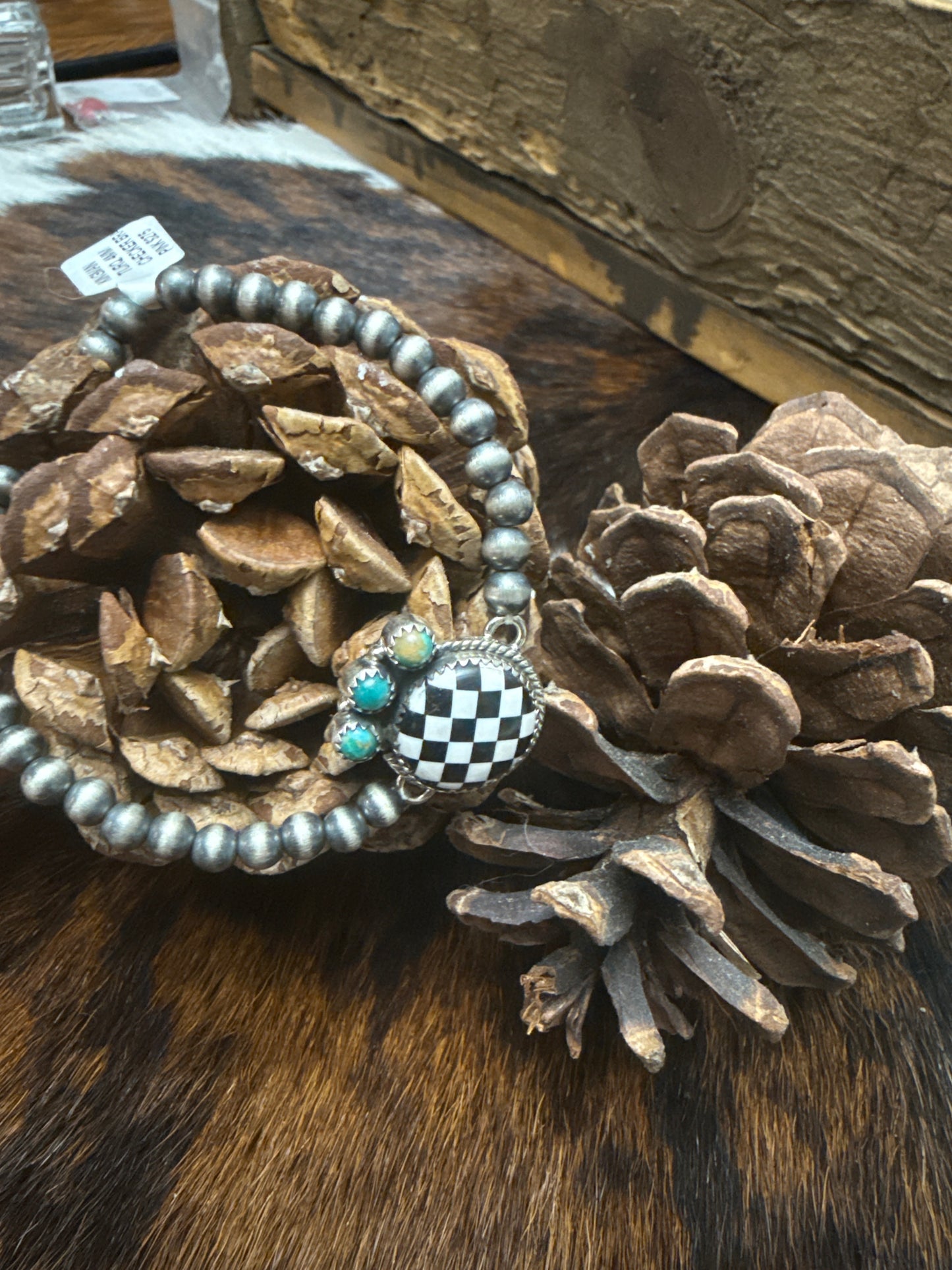 Sterling Silver Kingman Turquoise 4mm Checkered Stretch Bracelet