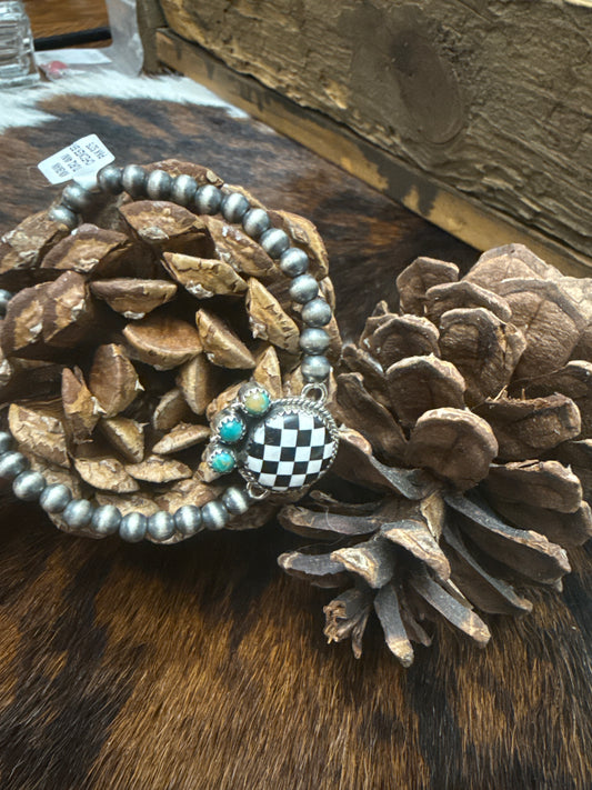 Sterling Silver Kingman Turquoise 4mm Checkered Stretch Bracelet