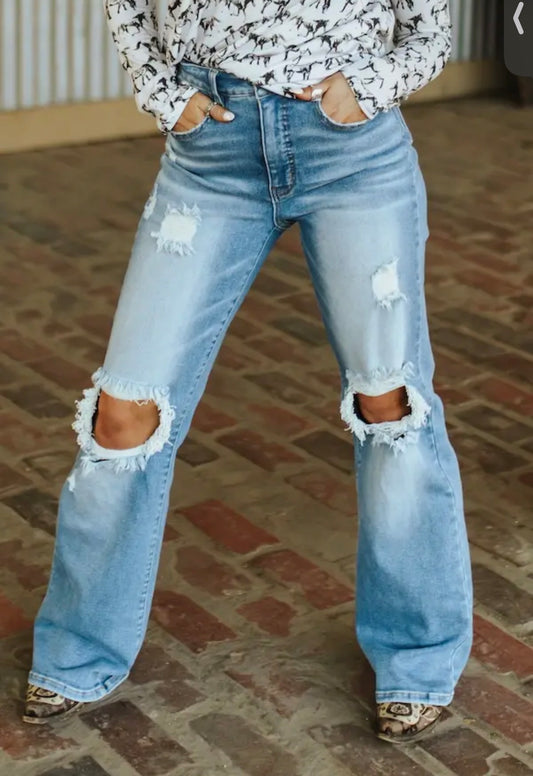Lucky & Blessed Light Wash Tummy Control Distressed Bootcut Jeans