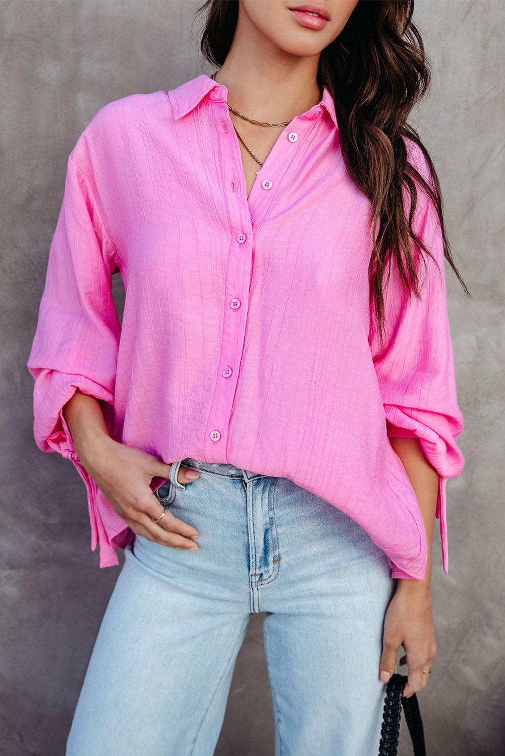 Pink Split Back Tie Knot Buttoned Long Sleeve Shirt