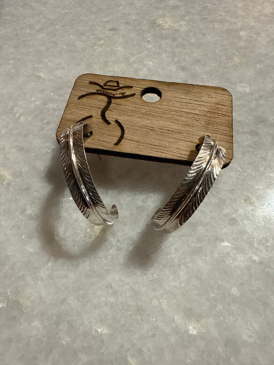 Navajo Handmade Sterling Silver Feather Hoop Earrings
