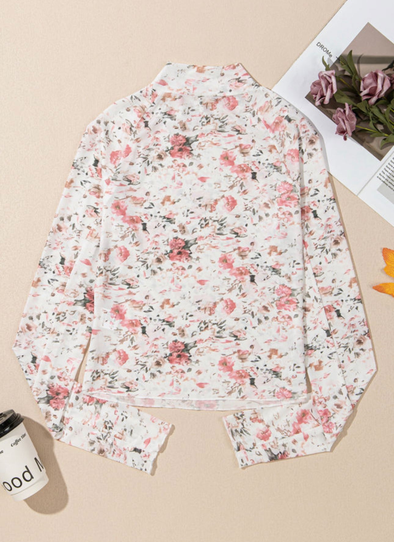 Pink Floral Long Sleeve High Neck Sheath Mesh Top