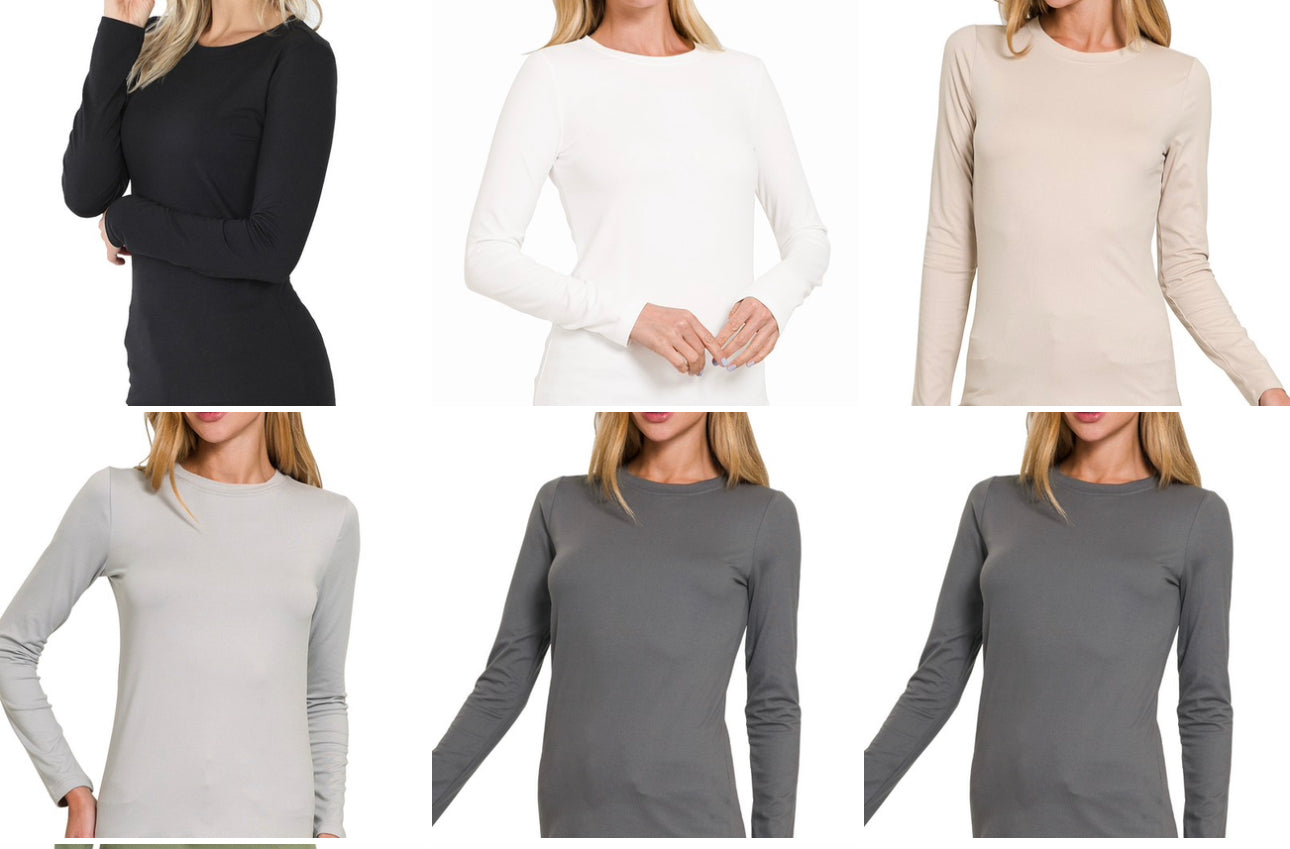 BRUSHED MICROFIBER LONG SLEEVE ROUND NECK TEE