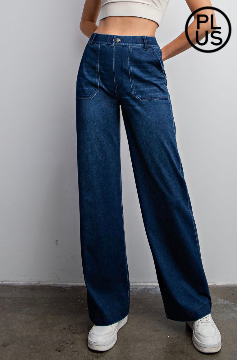 PLUS Cotton Stretch Denim Wide Leg Pants