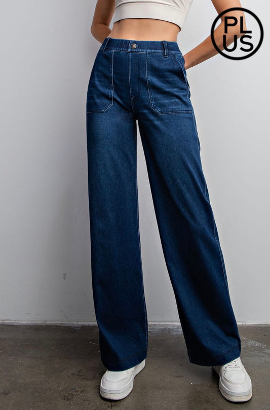 PLUS Cotton Stretch Denim Wide Leg Pants