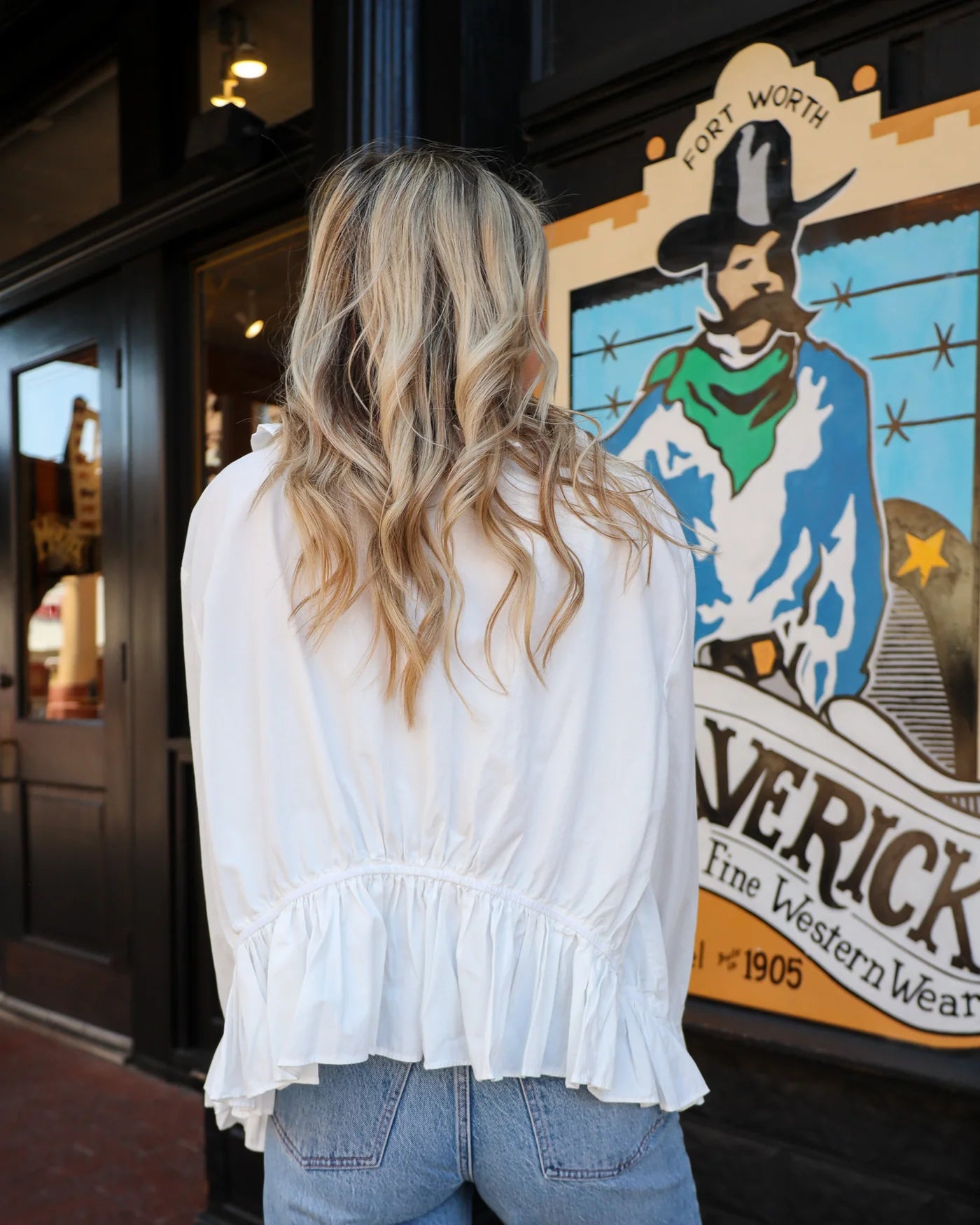 A RARE BIRD RUFFLE WHITE BUTTON UP BLOUSE
