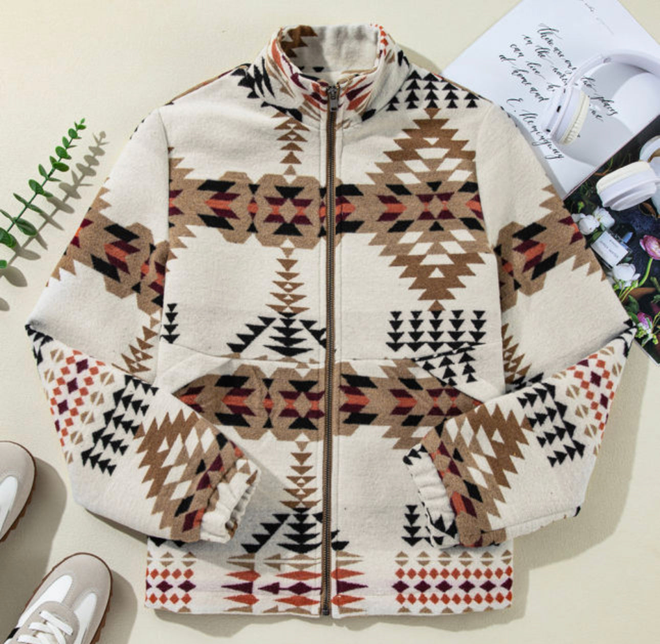 Beige Aztec Printed Stand Neck Zip Up Jacket