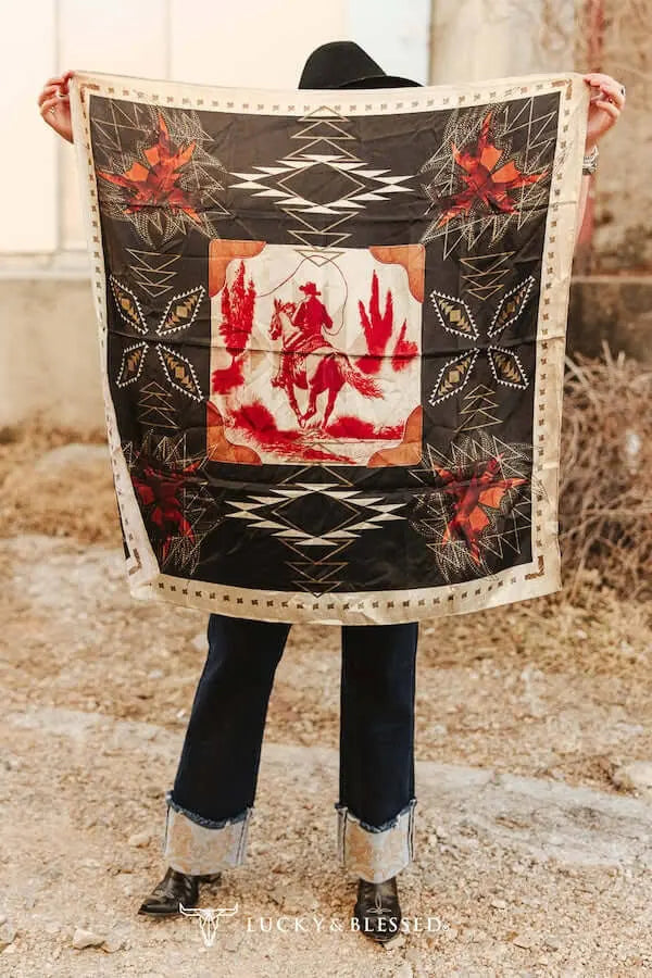 LUCKY & BLESSED BLACK AZTEC BOOT STITCH COWBOY PRINTED WILD RAG