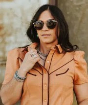 Lucky and Blessed Camel Suede Contrast Arrow Pearl Snap Puff Sleeve Top